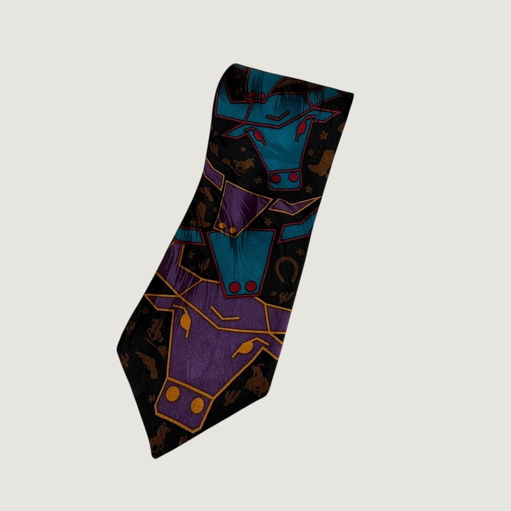 Vintage Rockmount Ranch Wear Tru-West Western Bull Pattern Silk Tie Made in USA